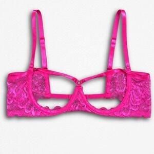 Hot Pink Lace Open Cup Shelf Bra Strappy Caged Cut Out Lingerie XS(?)